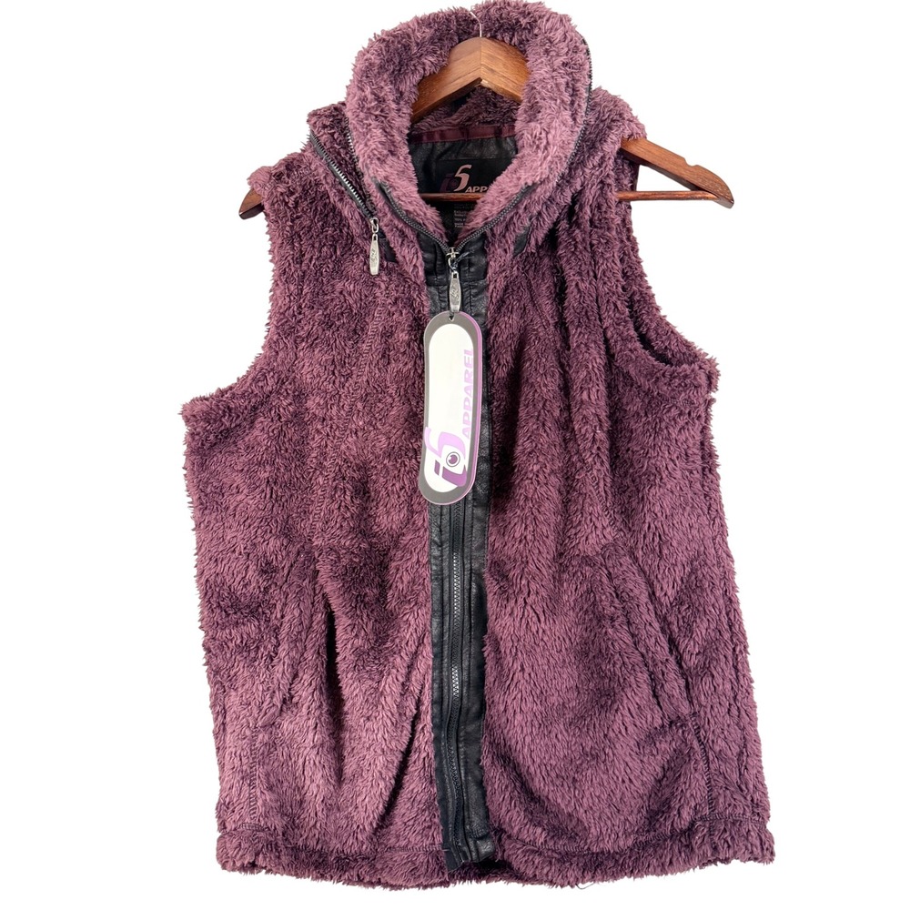 i5 Apparel Womens Plum Purple Faux Fur Teddy Fleece Vest Hidden Hood New